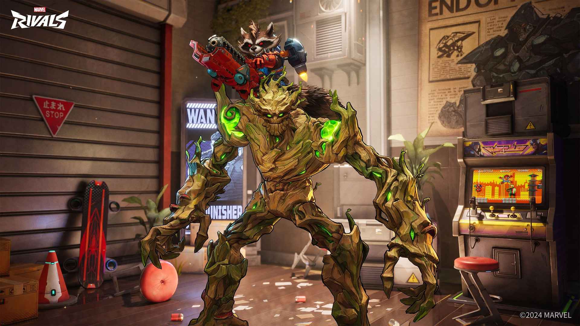 Rocket Raccoon riding on Groot to show synergy.