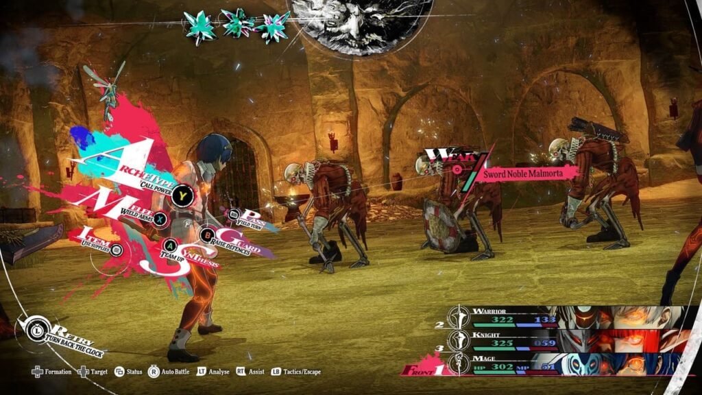 Metaphor: ReFantazio battle scene showing Sword Noble Malmorta enemies marked WEAK and party combat interface.