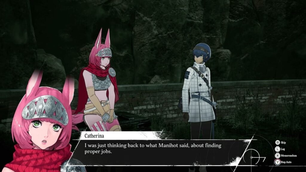 Catherina talking thoughtfully to Will during a cutscene, with the dialogue about finding proper jobs visible.