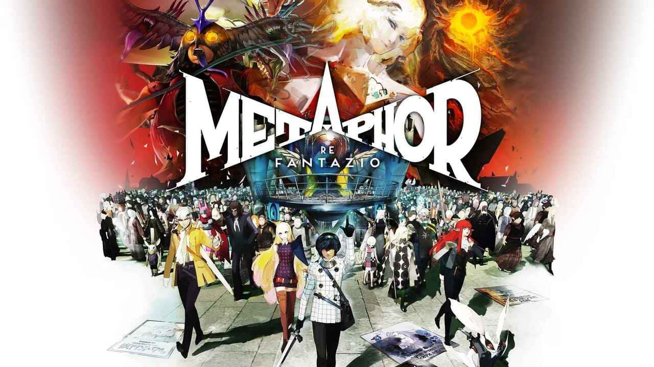 Metaphor: ReFantazio key art showing full party cast with Louis above the logo.