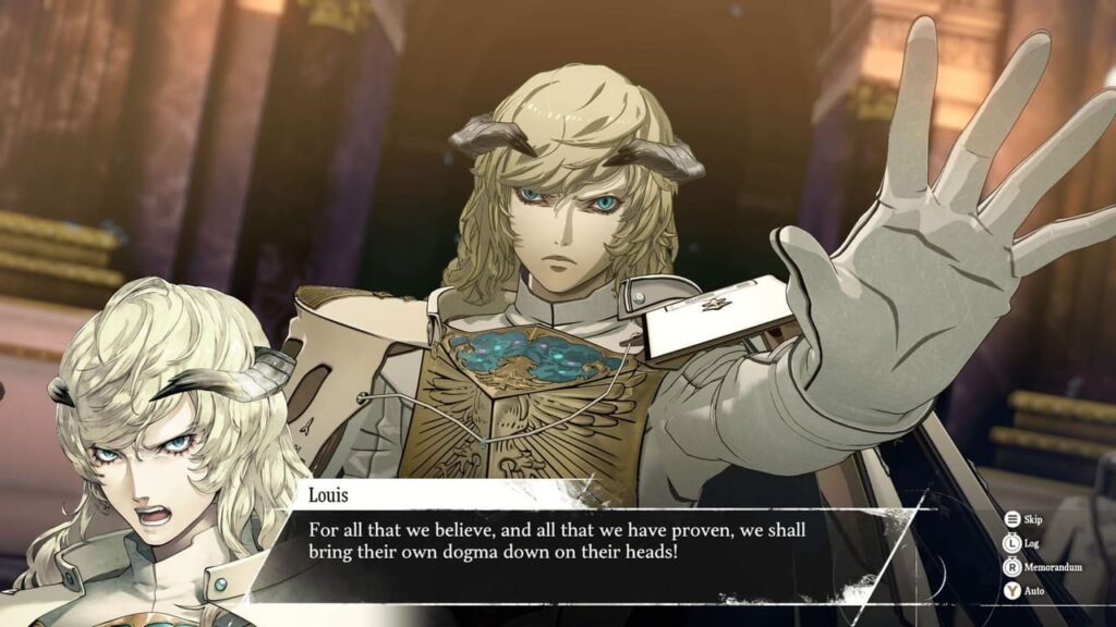 Louis with a stern face making a determined speech in-game.