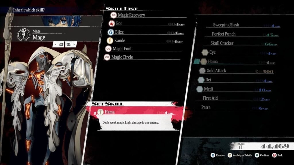 In-game skill list showing Mage Archetype skills and inheritance options.