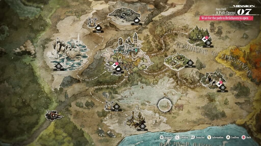 Metaphor: ReFantazio world map screen showing mission tracker and days until Brilehaven path opens.