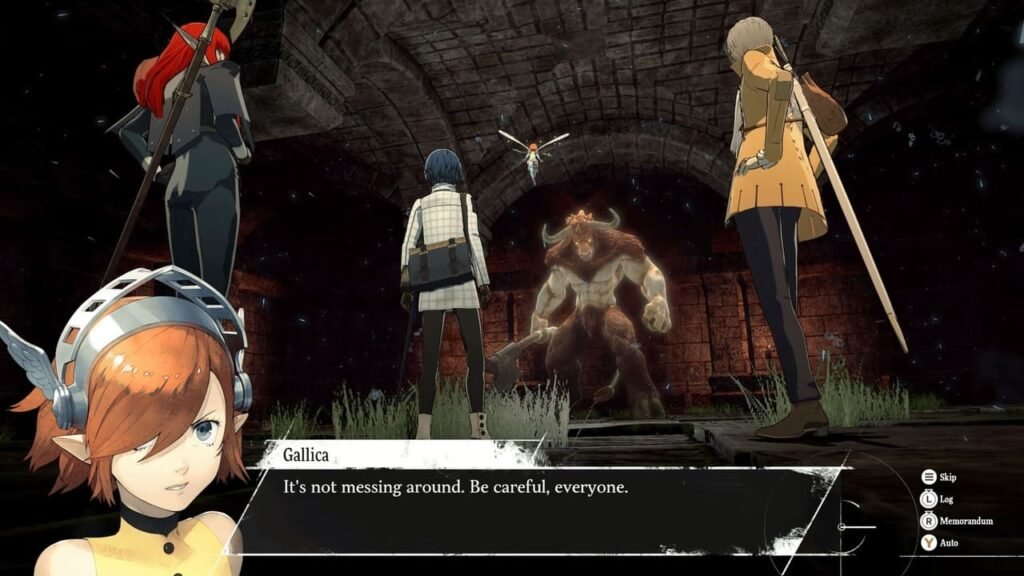 Battle scene with four characters facing a large Minotaur enemy in Metaphor: ReFantazio.