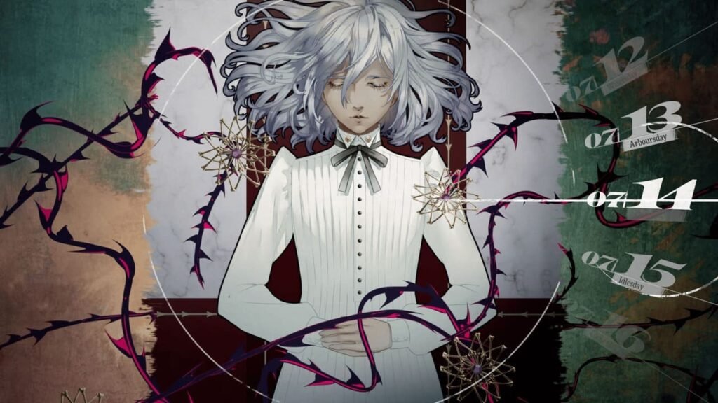 Close-up of the Prince surrounded by thorns as the calendar changes to July 14 in Metaphor: ReFantazio.