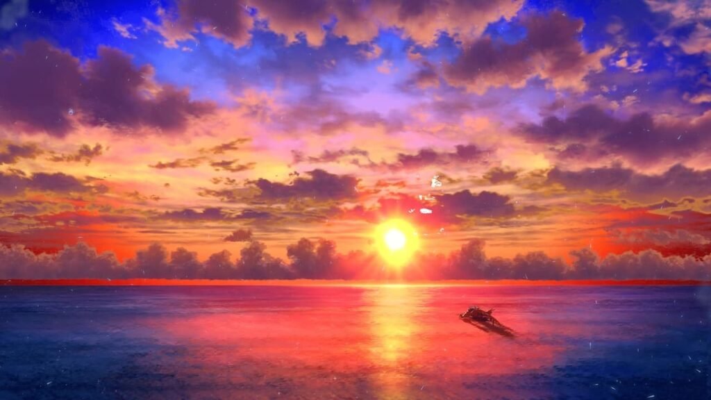 A breathtaking sunset with vibrant orange, blue, red, yellow, and pink clouds reflected on calm water, creating a serene natural scene.