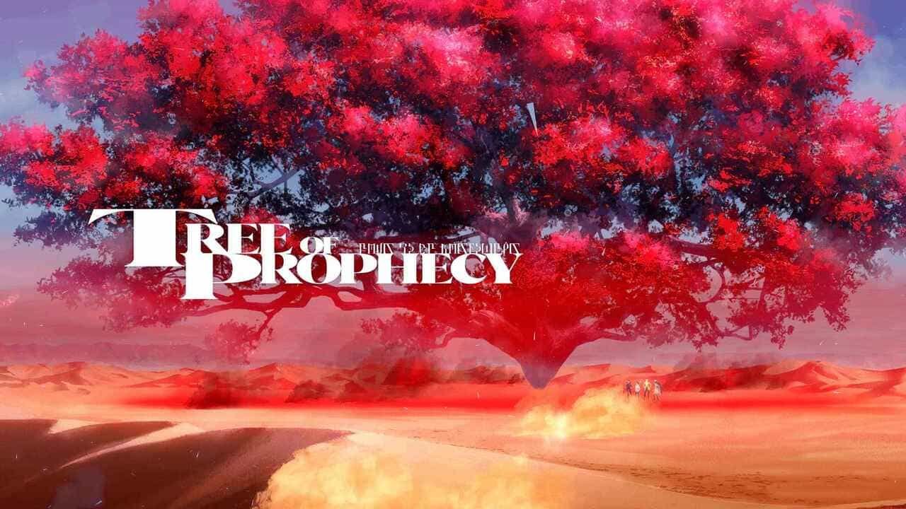 Metaphor: ReFantazio scenic view of the Tree of Prophecy at sunset with vivid red foliage and glowing sky.