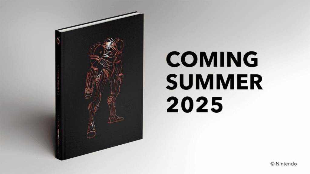 Metroid Prime 1–3: A Visual Retrospective hardcover art book featuring Samus Aran line art and a Summer 2025 release notice