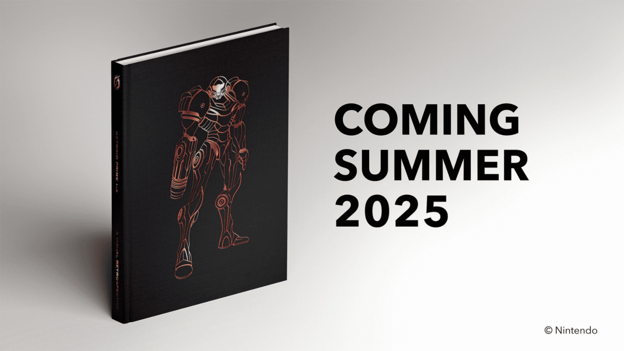 Metroid Prime 1–3: A Visual Retrospective hardcover art book featuring Samus Aran line art and a Summer 2025 release notice