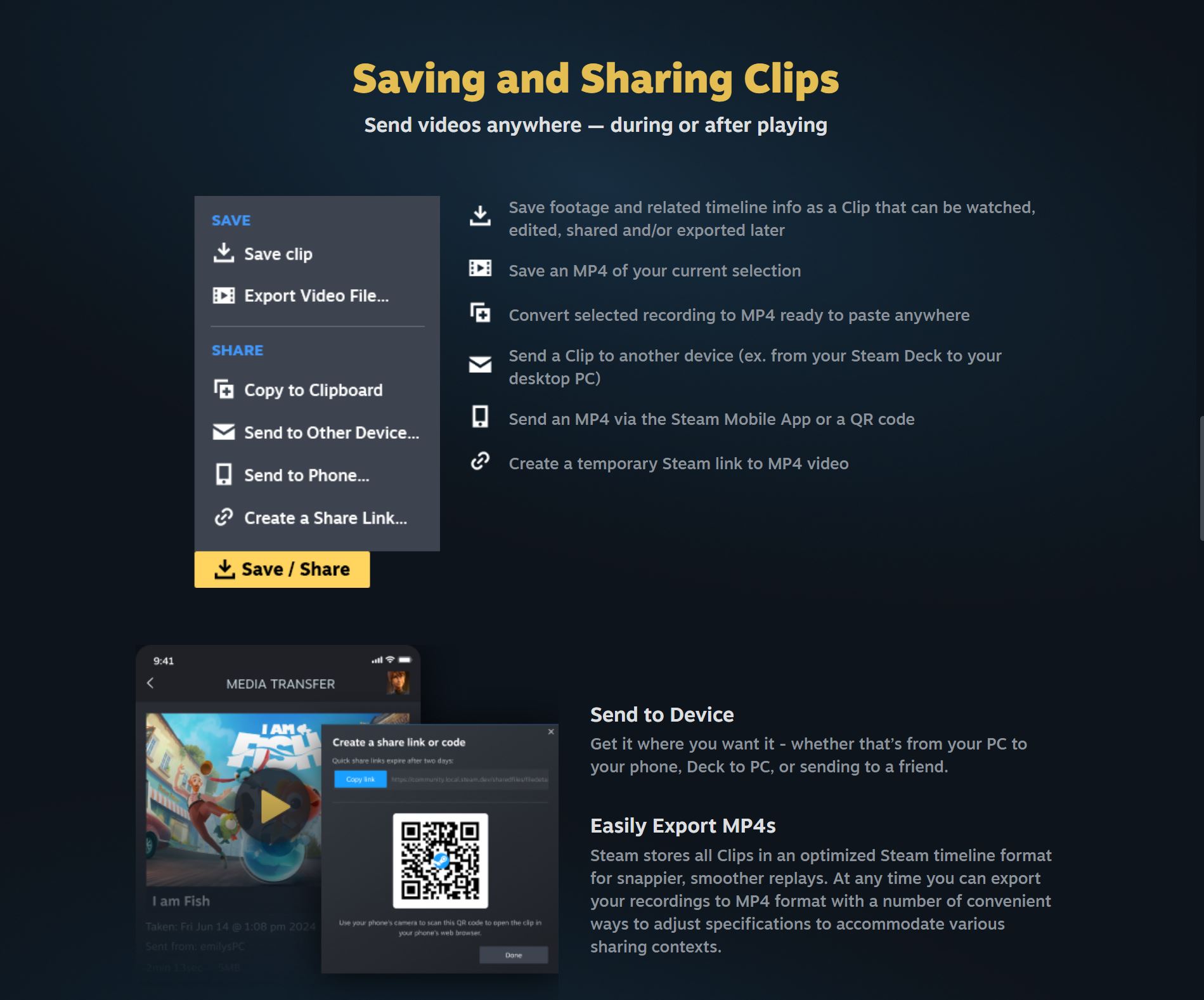 Steam visual of Saving and Sharing clips.