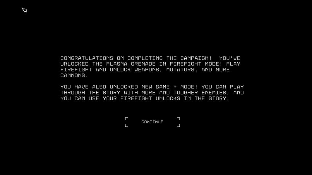 In-game notification showing Campaign completion rewards including plasma grenade unlock, firefight mode access, and New Game+ mode.