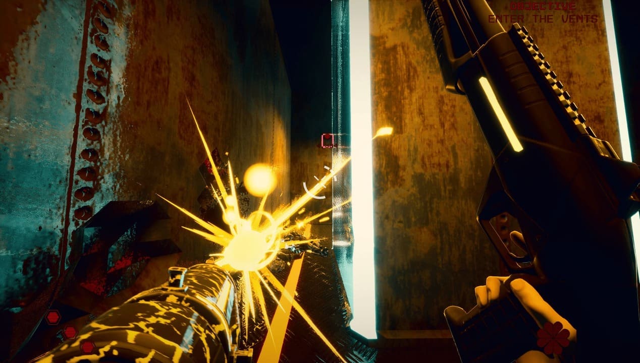 Protagonist simultaneously firing left arm cannon and holding SPAS-12 shotgun in right hand during combat