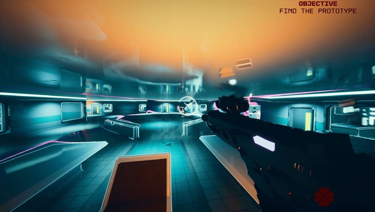 Neon blue and orange arena with protagonist holding a giant gun, full health displayed on HUD, objective prompt “Find The Prototype.”