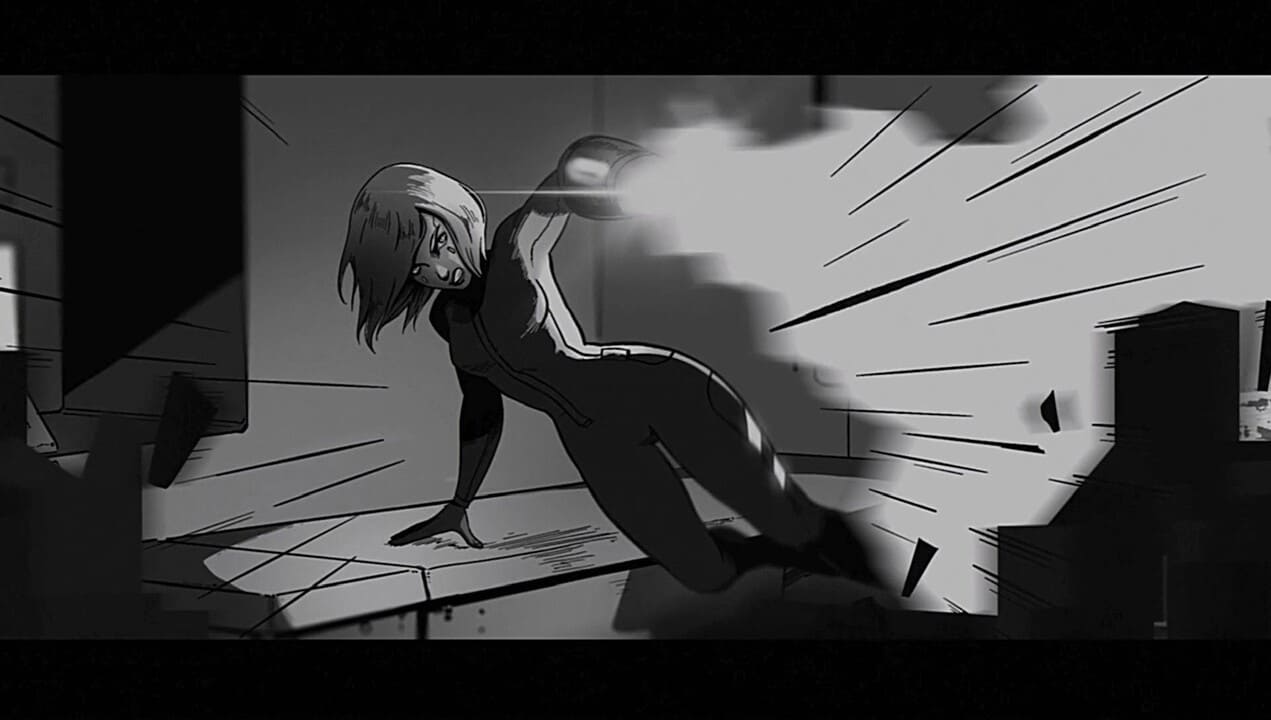 Grayscale cutscene of the protagonist aiming and firing her cannon from a third-person perspective.