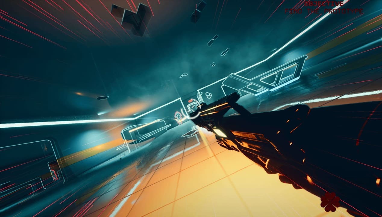 POV shot of protagonist sliding and shooting an SMG in neon-lit environment