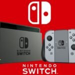 Nintendo Switch console with dock and Joy-Con controllers displayed on a red background with official Nintendo branding.