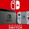 Nintendo Switch console with dock and Joy-Con controllers displayed on a red background with official Nintendo branding.