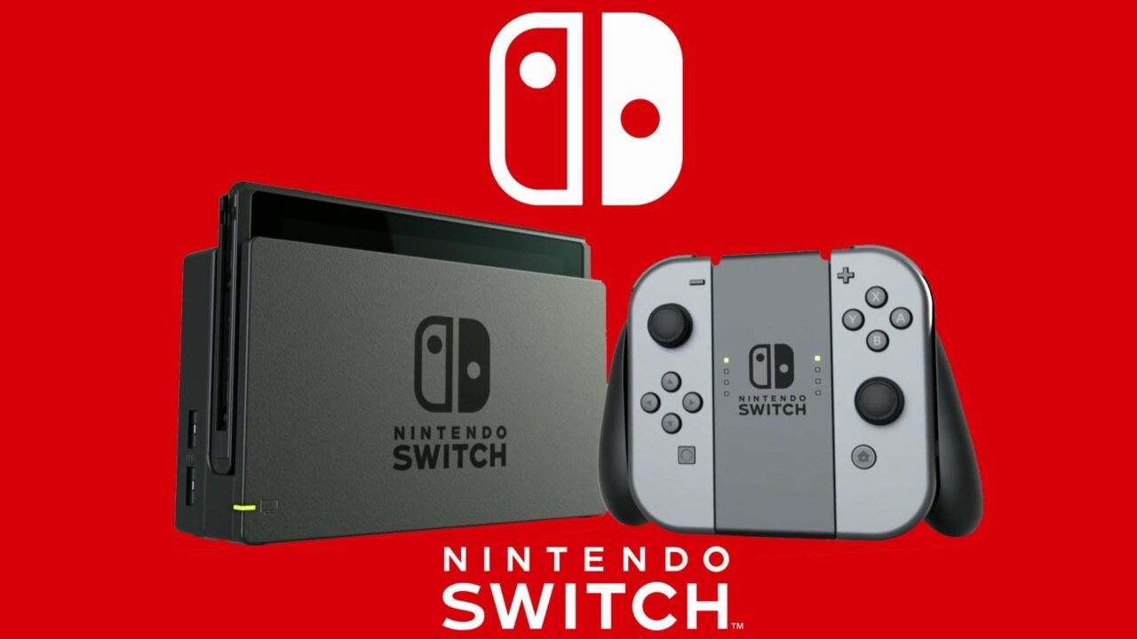Nintendo Switch console with dock and Joy-Con controllers displayed on a red background with official Nintendo branding.