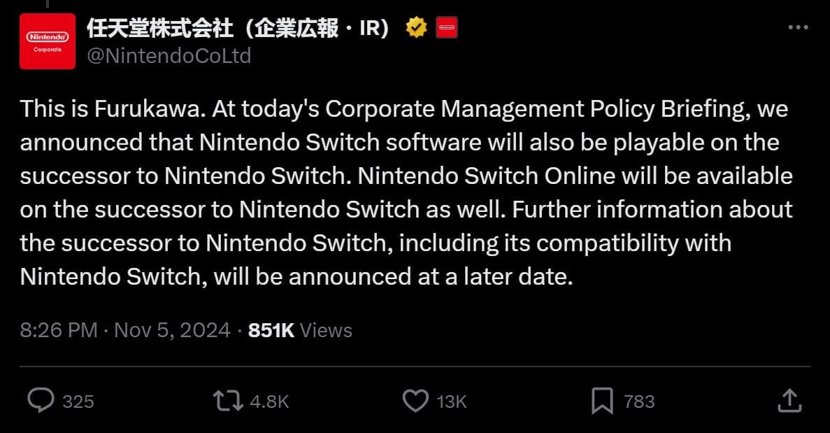 Official tweet confirming Nintendo Switch backward compatibility from Shuntaro Furukawa.