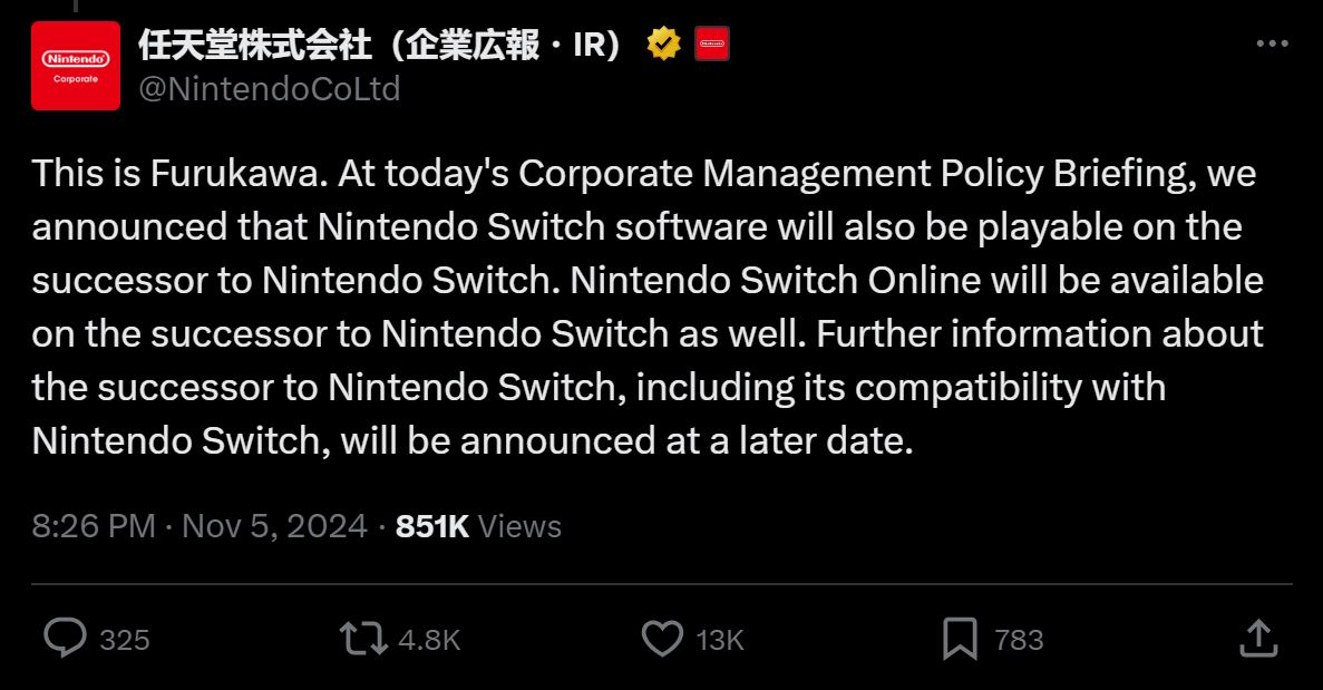 Nintendo President Shuntaro Furukawa announcing the successor to the Nintendo Switch will be backwards compatible.