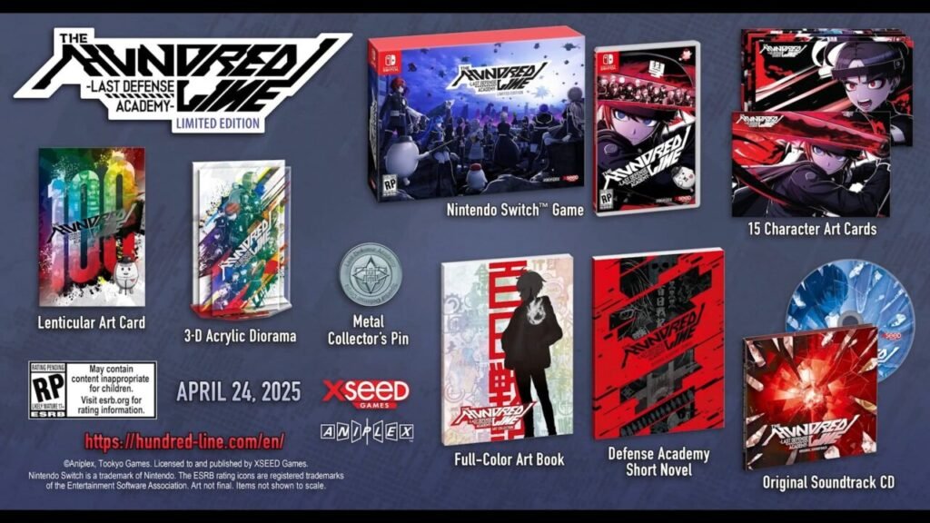 The Hundred Line: Last Defense Academy Limited Edition contents, including art cards, art book, soundtrack CD, and collectibles.