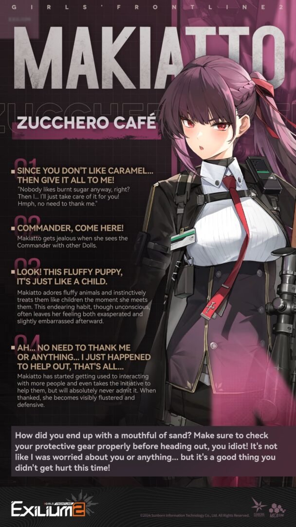 A detailed Makiatto character profile and Zucchero Cafe lore background from the Makiatto GFL2 guide.