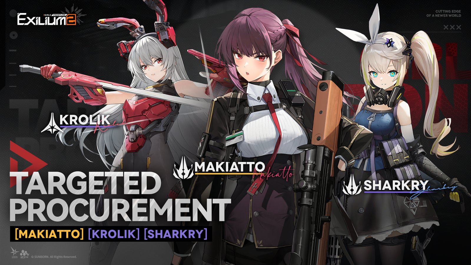 The official recruitment banner for Makiatto, Krolik, and Sharkry as featured in the Makiatto GFL2 guide.