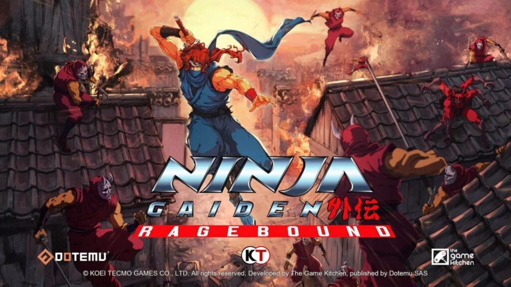 Ninja Gaiden Ragebound key art showing a ninja battling enemies in a burning city