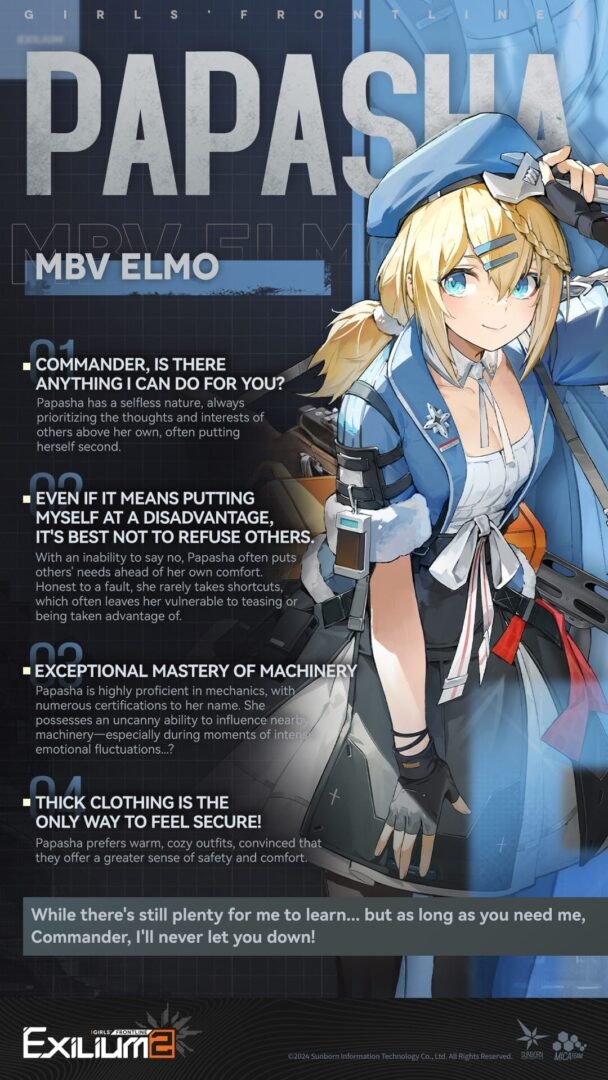 Papasha character lore and MBV Elmo affiliation details provided in the Makiatto GFL2 guide.