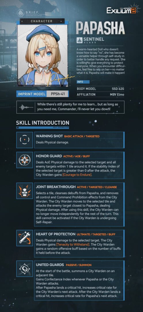 Papasha skill breakdown and City Warden summon mechanics found in the Makiatto GFL2 guide.