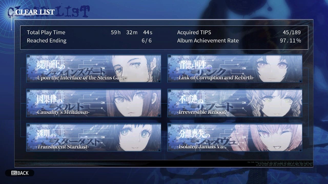Steins;Gate Clear List showing all routes completed and 97.11% album achievement