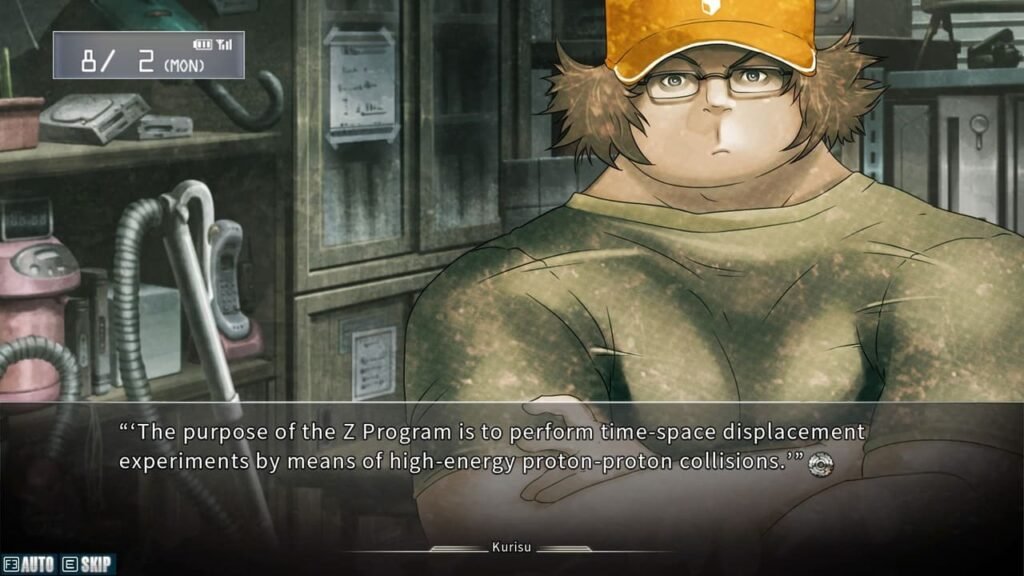 Kurisu explaining the Z Program in Okabe’s lab with Daru crossing his arms