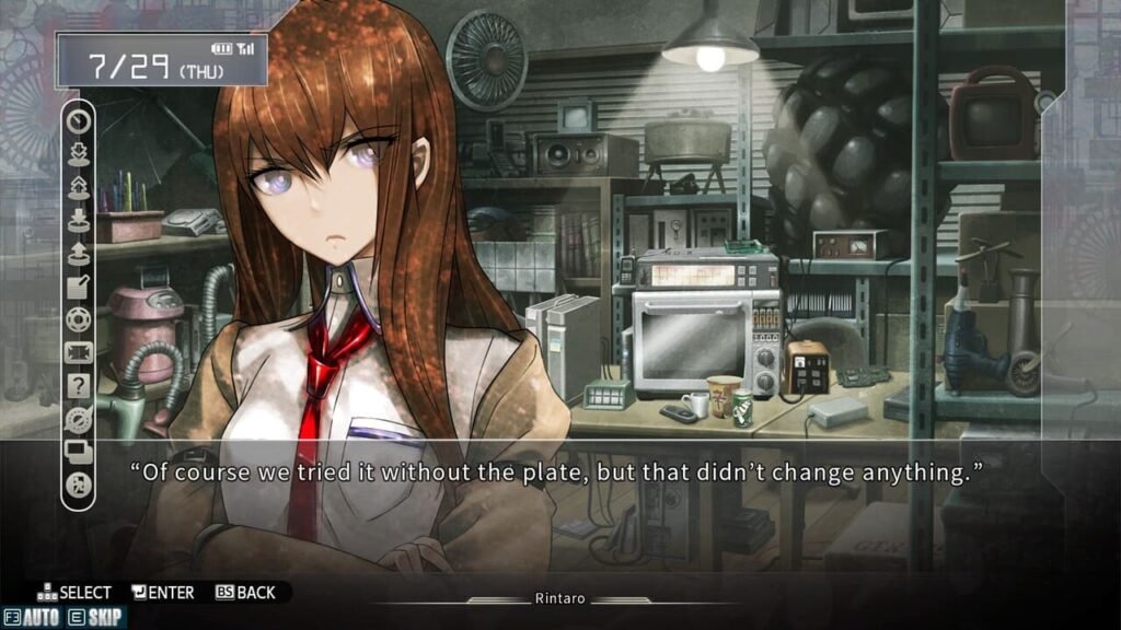 Kurisu in the lab with Okabe discussing microwave experiment and in-game menu open