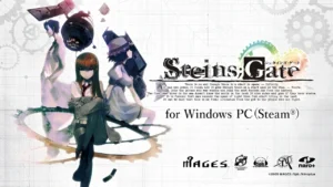 Steins;Gate platform art with Kurisu, Okabe, and Mayuri on gear-themed background and Infinity quote