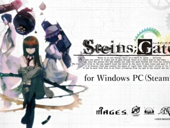 Steins;Gate platform art with Kurisu, Okabe, and Mayuri on gear-themed background and Infinity quote