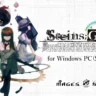 Steins;Gate platform art with Kurisu, Okabe, and Mayuri on gear-themed background and Infinity quote