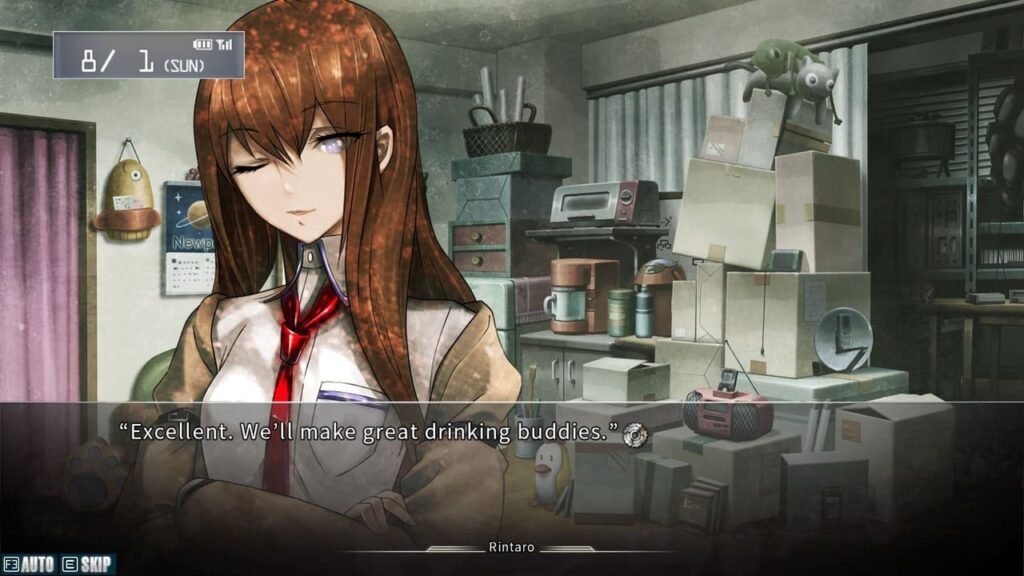 Kurisu smirking with one eye closed as Okabe talks about being drinking buddies