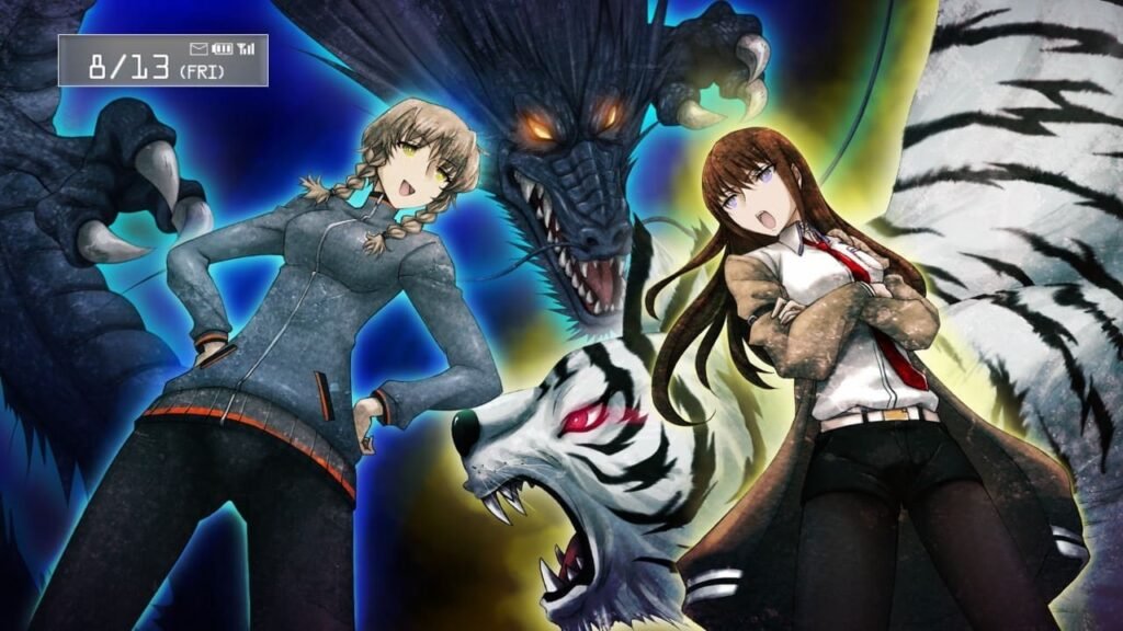 Kurisu and Suzuha arguing with glowing tiger and dragon spirit animals clashing