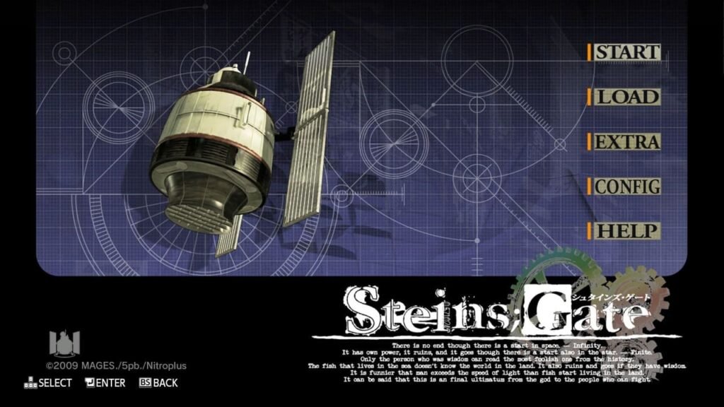 Steins;Gate main menu with time machine, Infinity quote, and blue background