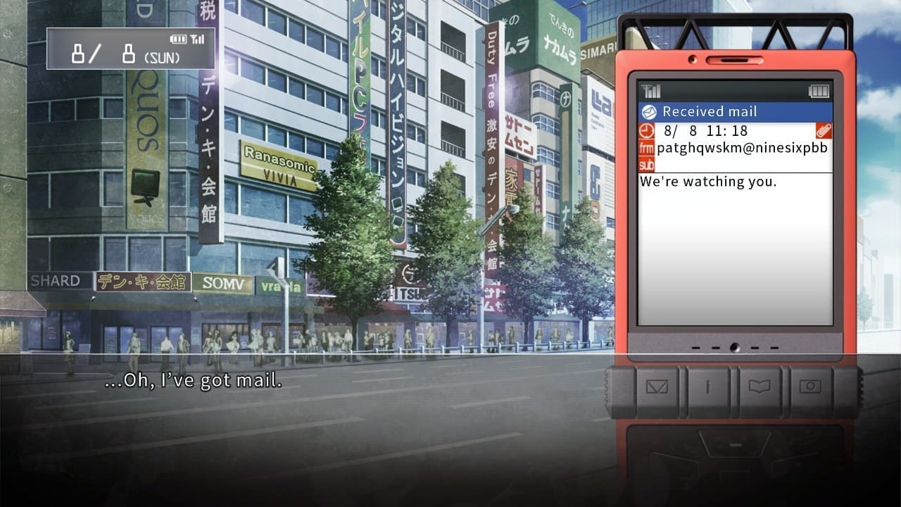Okabe checking his phone and reading a message that says “We’re watching you”
