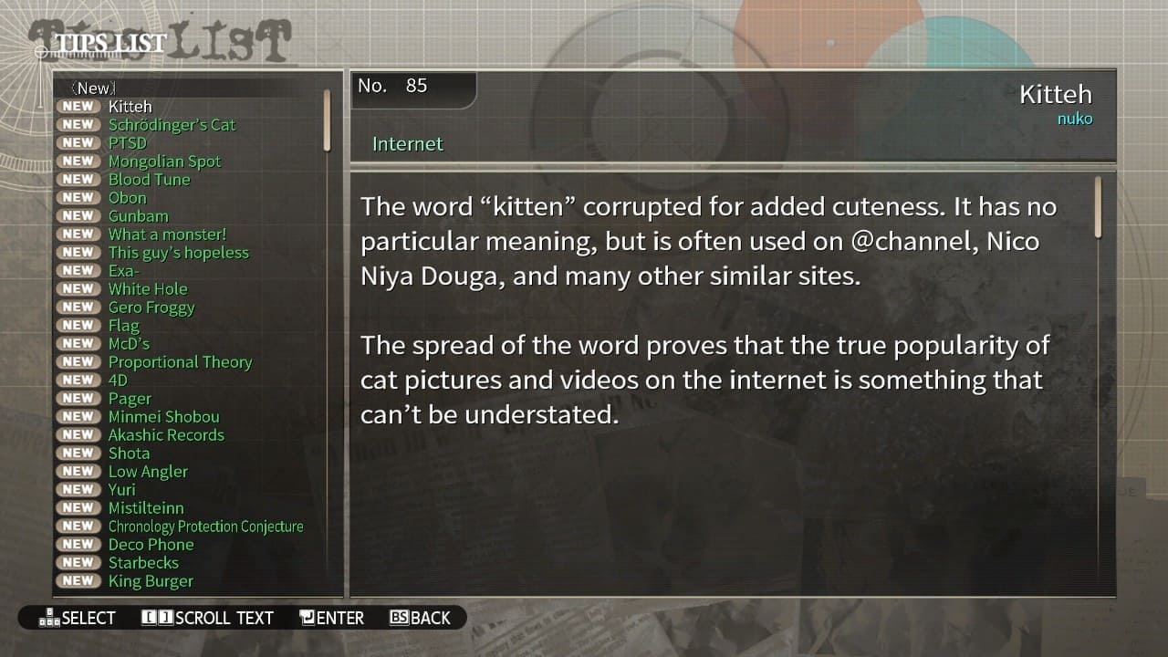 Steins;Gate Tips List showing the definition of “Kitteh” as internet slang