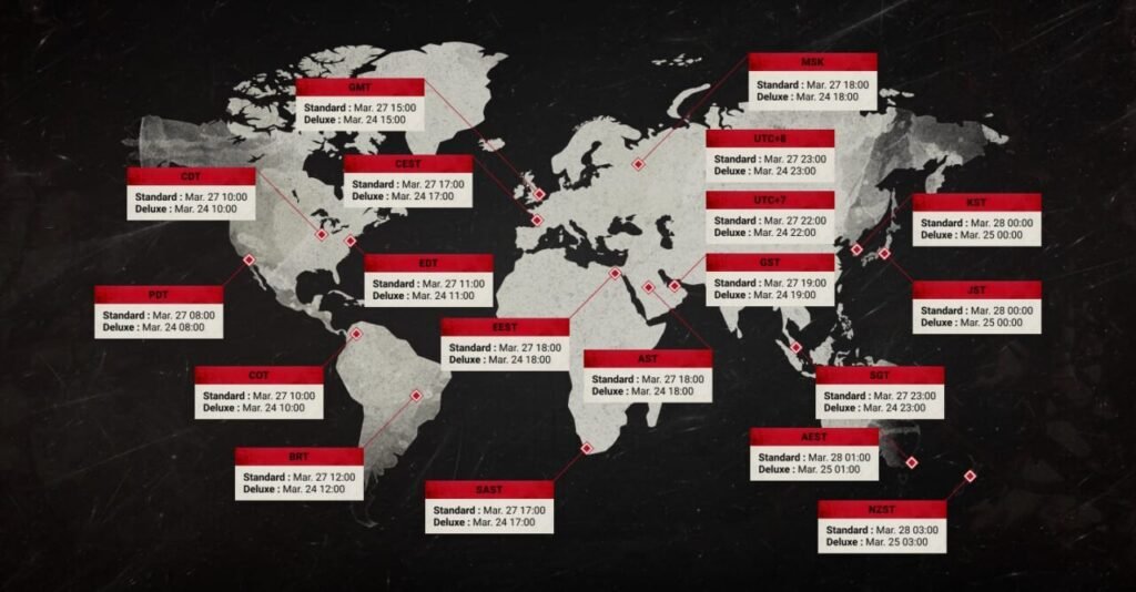 The First Berserker Khazan global release times map for standard and deluxe editions