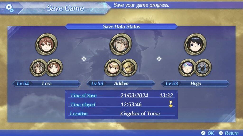 Clear save screen for Xenoblade Chronicles 2: Torna ~ The Golden Country showing total playtime of 12 hours, 53 minutes, and 46 seconds