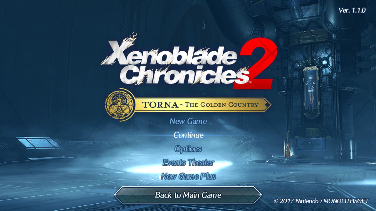 Main menu screen of Xenoblade Chronicles 2: Torna ~ The Golden Country showing Pyra encased, with options including New Game, Continue, Events Theater, and New Game Plus