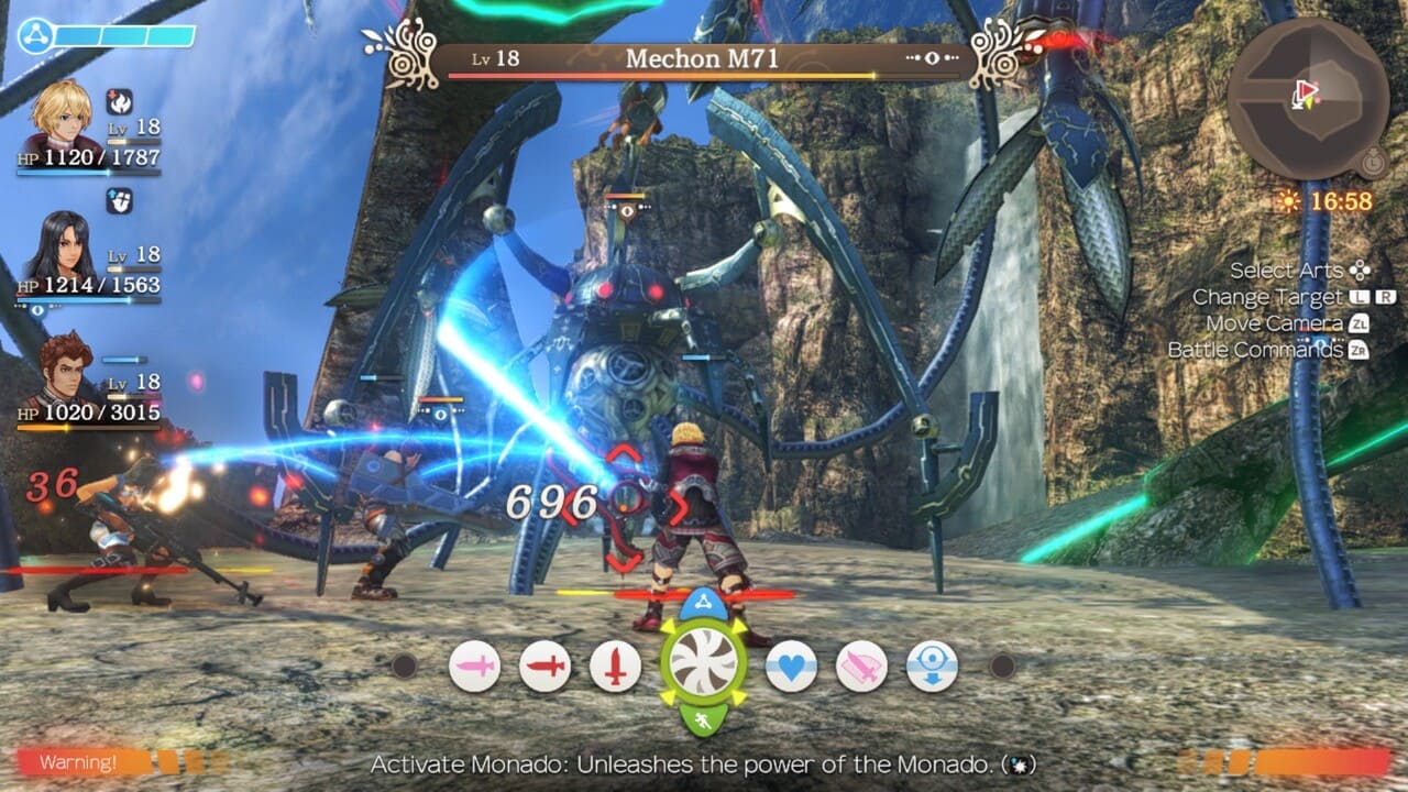 In-game battle against a level 18 Mechon M71 enemy with party members Reyn and Sharla, showing the palette wheel and combat HUD in Xenoblade Chronicles Definitive Edition.