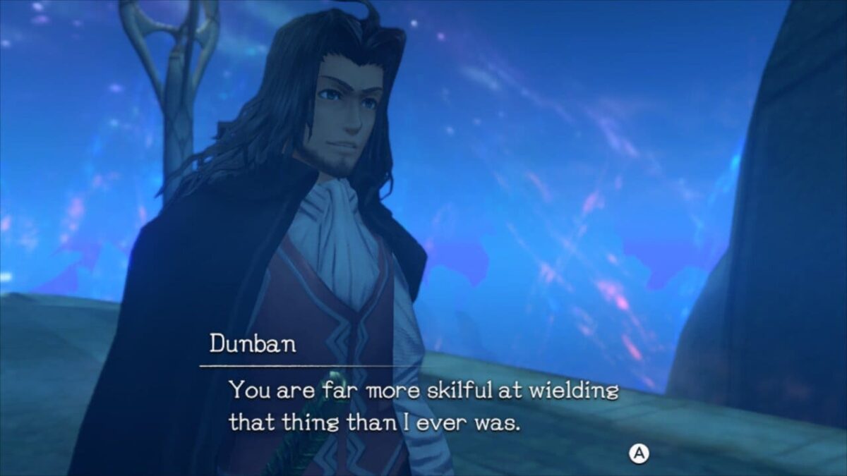 Cutscene close-up of Dunban saying, “You are far more skillful at wielding that thing than I ever was” in Xenoblade Chronicles Definitive Edition.