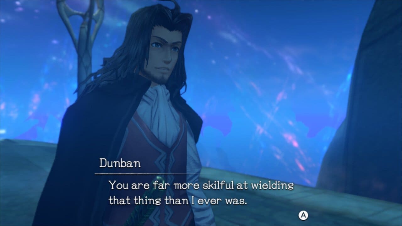 Cutscene close-up of Dunban saying, “You are far more skillful at wielding that thing than I ever was” in Xenoblade Chronicles Definitive Edition.