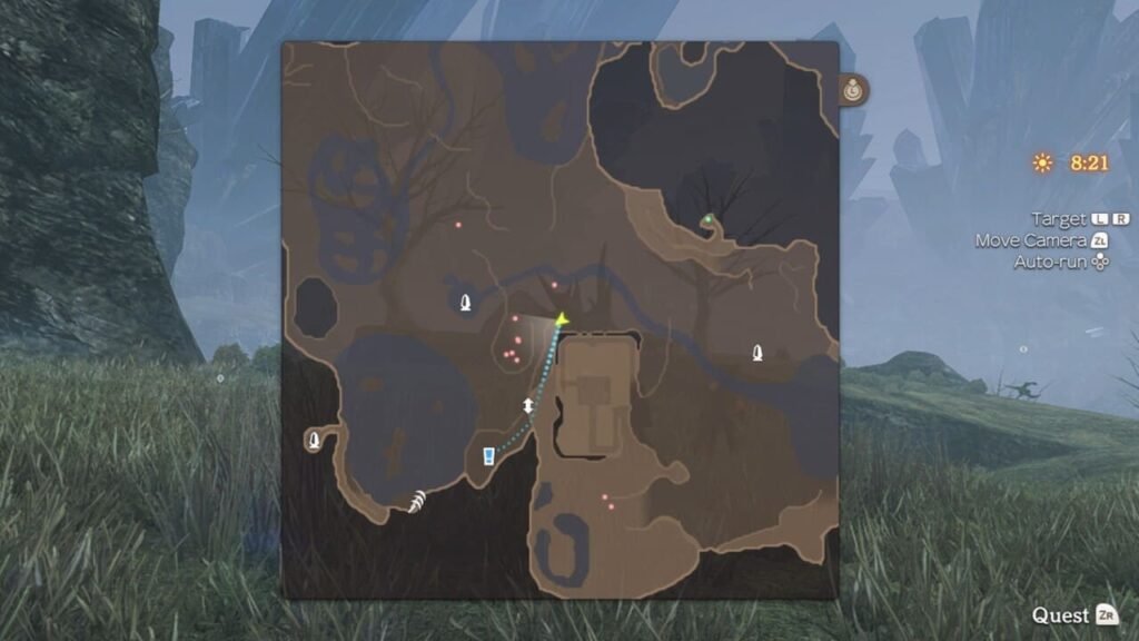 In-game map screen showing an outlined route to the current objective in Xenoblade Chronicles Definitive Edition.