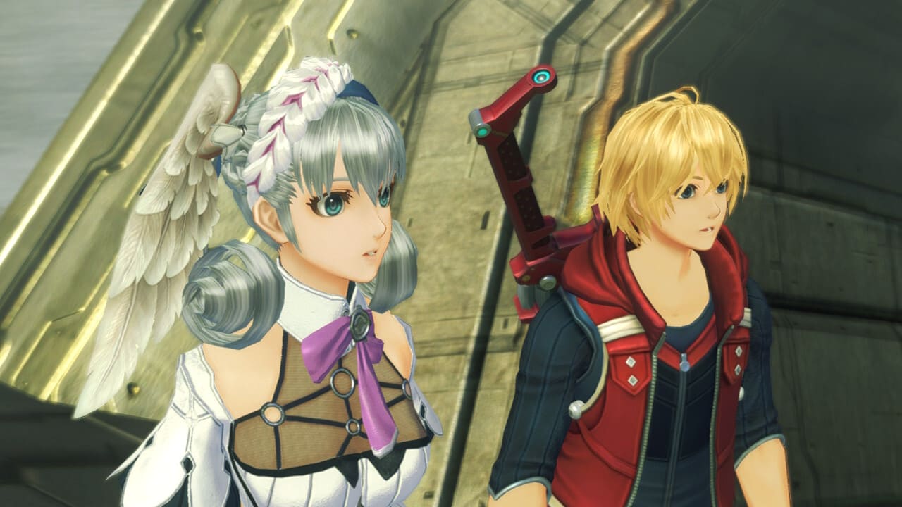Melia and Shulk looking right in a cutscene