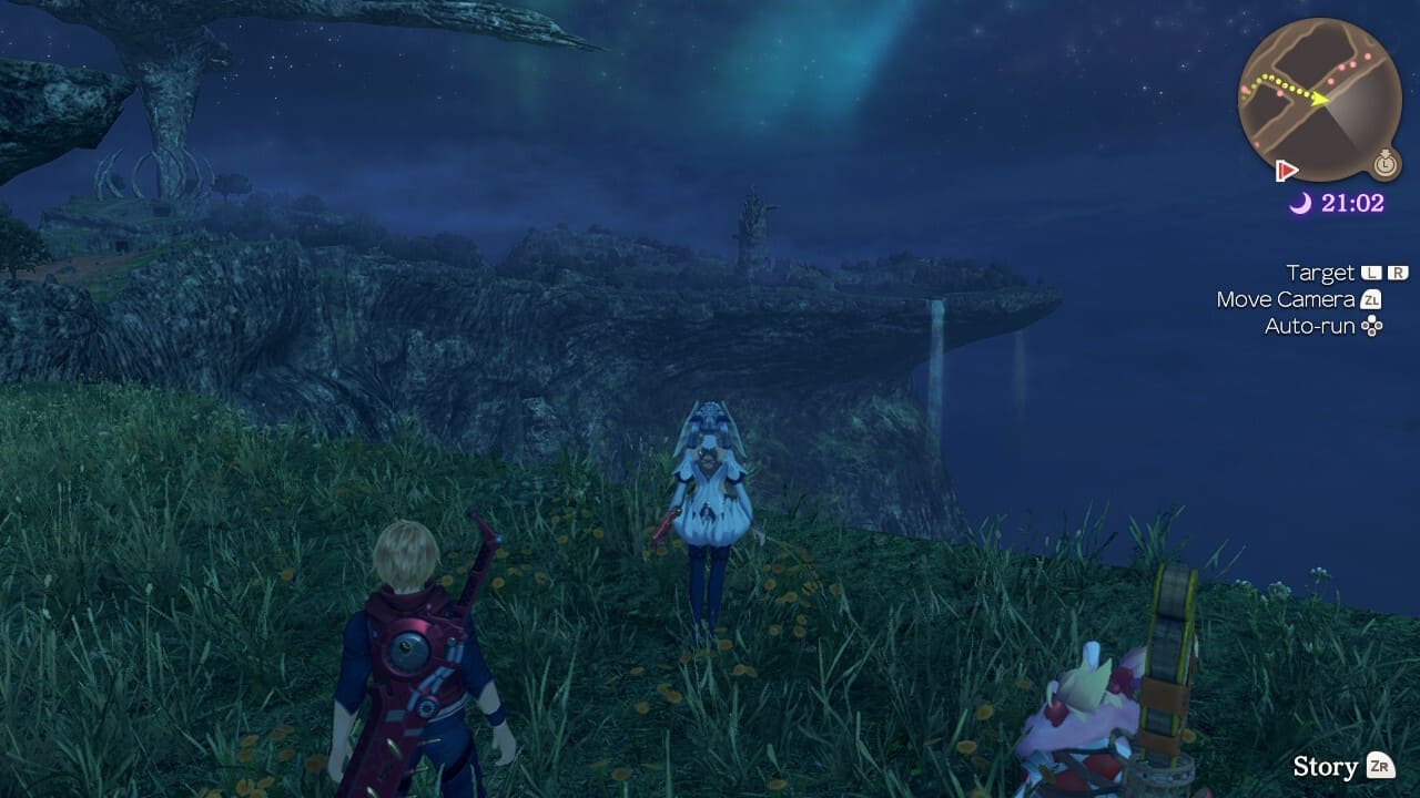 Melia and Shulk exploring a grassy cliff at night with HUD visible